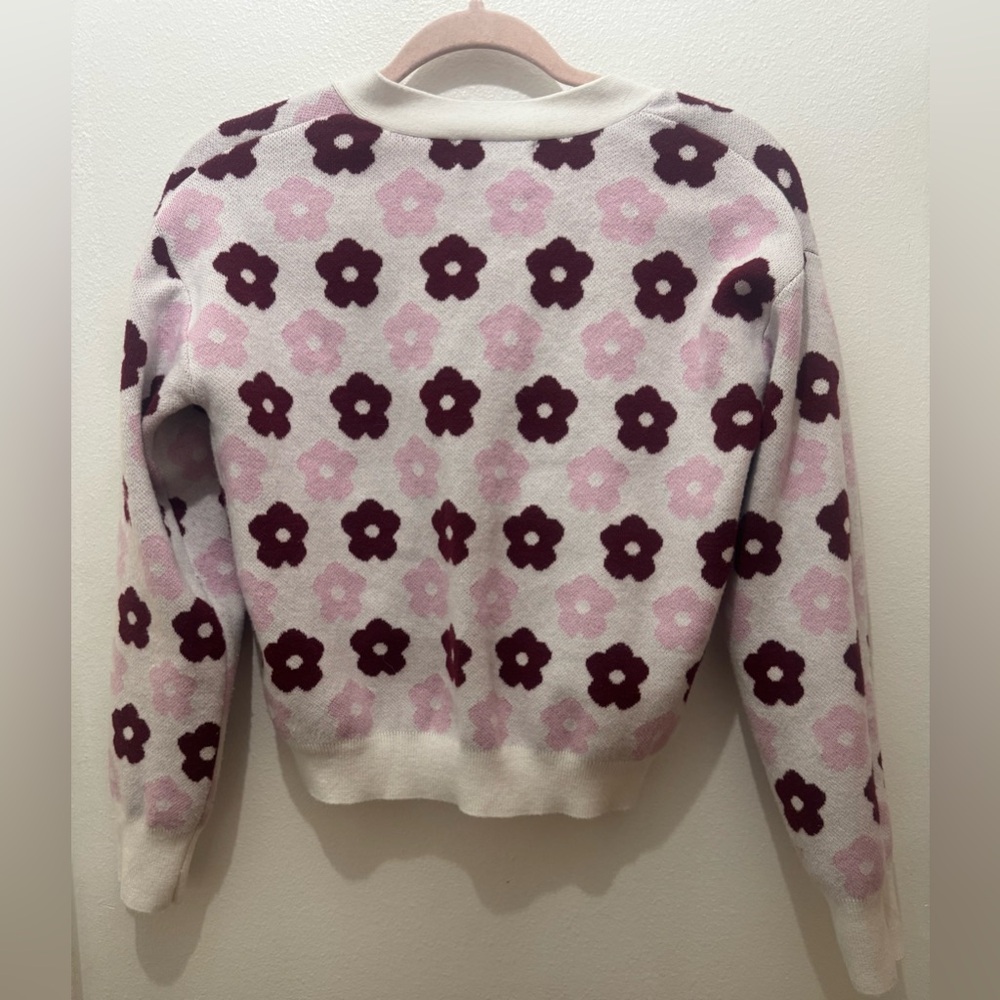 Floral V-Neck Button Cardigan - White with Pink & Burgundy Flowers - Picture 5 of 5